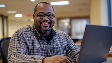 A cheerful young man in business, using a laptop
