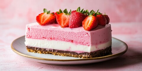 Wall Mural - Delicious layered strawberry cheesecake with fresh berries on top