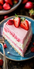 Wall Mural - Delicious strawberry cake slice with fresh fruit on blue plate