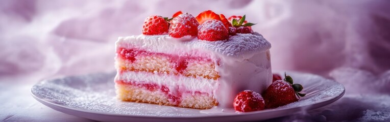 Delicious strawberry layer cake on a white plate against a soft background