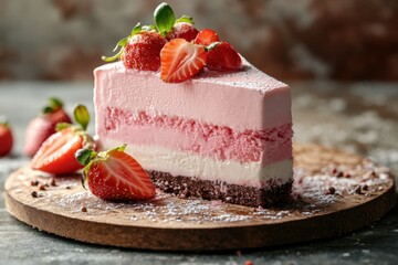 Wall Mural - Delicious layered strawberry dessert on a wooden platter in soft light