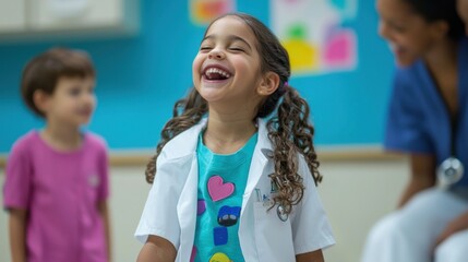 Children enjoying playful interactions with medical staff while learning about health in a vibrant, kid-friendly clinic