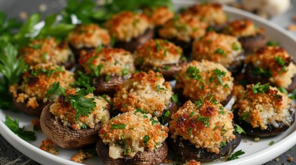 Wall Mural - A plate of stuffed mushrooms with a garnish of parsley