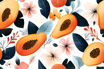 Canvas Print - Seamless pattern featuring illustrated papaya halves, tropical flowers, and leaves. The design showcases vibrant colors such as orange, pink, and blue on a white background.