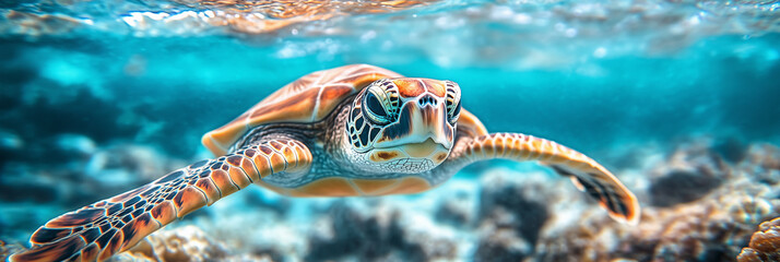 Wall Mural - Little turtle swimming in the sea Vivid underwater images and southern landscapes, clear waters