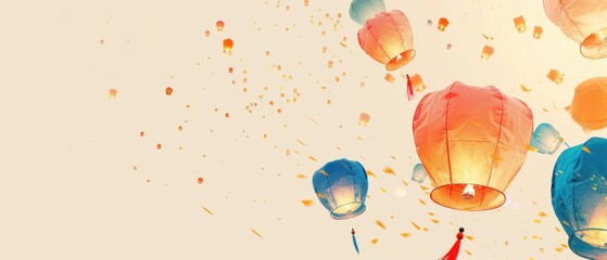 A colorful sky with many lanterns floating in the air