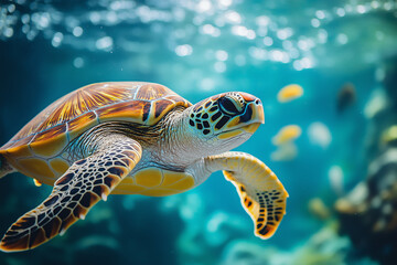 Wall Mural - Little turtle swimming in the sea Vivid underwater images and southern landscapes, clear waters