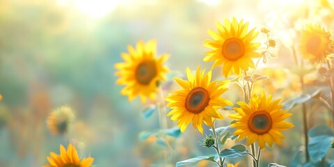 Poster - A vibrant field of sunflowers shining under soft sunlight. The bright yellow petals contrast beautifully with the green foliage. This photography exudes positivity and warmth. AI