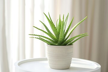 A green plant in a pot on white table