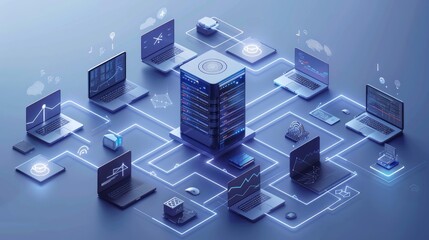 a blue and white isometric vector illustration of an ai server, surrounded by laptops with touch pan