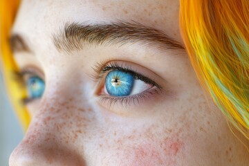 Sticker - Portrait of a woman with striking blue eyes and bright orange hair symbolizing contrast and intensity