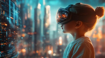 Child acting as a 3D world designer, building environments for the metaverse, with digital landscapes in the background.