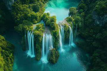 Aerial view of a beautiful waterfall, water flowing from a height into a stream.