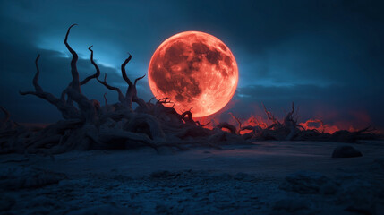 Poster - A surreal landscape featuring a large red moon rising over twisted, gnarled trees on a rocky barren terrain under a dark, cloudy sky.