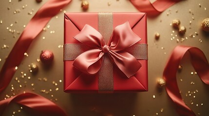 A red gift box with ribbons wrapped around it, bright colors, Studio photography, light gold background