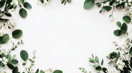 Wall Mural - A botanical wedding frame featuring delicate green leaves and soft white flowers, arranged around the edges of a clean white background, ideal for an elegant wedding invitation.