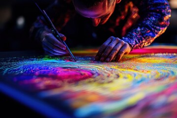 Wall Mural - Artist Creating Vibrant Abstract Painting with Neon Colors Under Blacklight in Studio