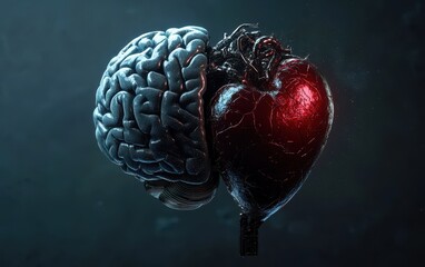 Sticker - Futuristic Concept of Human Brain and Heart Fusion with Dark Background and Glowing Red Heart