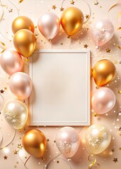 A festive celebration backdrop featuring a square frame surrounded by metallic gold, rose gold, and glittery balloons. Scattered stars and confetti enhance the luxurious, joyful atmosphere.