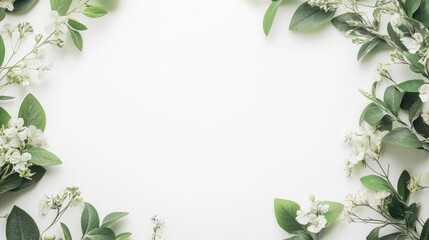 Wall Mural - A delicate botanical wedding frame with soft green leaves and wildflowers wrapping around the page, creating a natural, elegant look on a white background.