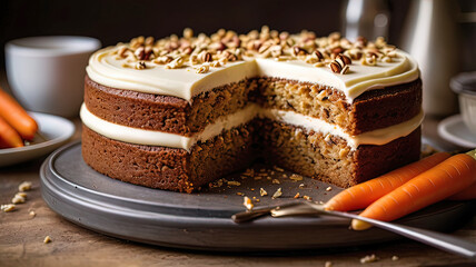 homemade carrot cake on a rustic kitchen countertop, covered in a thick layer of cream cheese frosting,