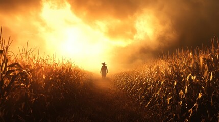 A foreboding twilight cornfield scene, where the last rays of sunlight cast eerie shadows across the field, with the scarecrow standing ominously in the distance.