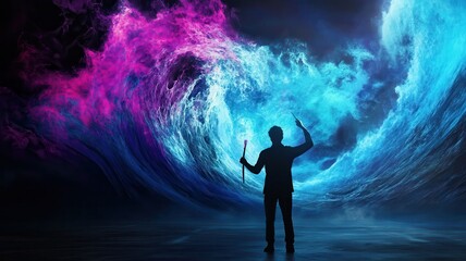 Wall Mural - Man Conducting Vibrant Energy Waves in a Dark Mystical Environment with Neon Blue and Pink Colors