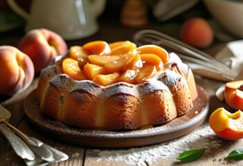 homemade buttercream pie with peaches on a rustic kitchen countertop, covered in a thick layer of frosting on a plate