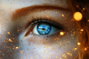 Poster - Detailed shot of blue eye glowing with magical sparkles blending natural and fantastical elements with vibrant colors and reflective highlights evoking wonder and mystery