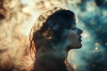 Wall Mural - Dreamy woman silhouette in warm light with blurred background