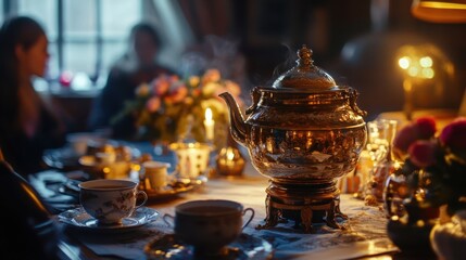 Traditional Russian samovar on a dining table with people enjoying tea and snacks in a warm, cozy setting