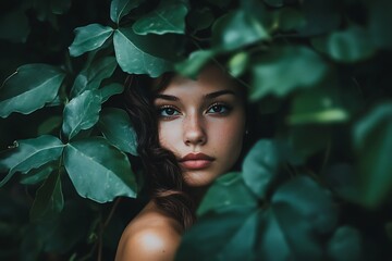 Wall Mural - Young woman peering through lush green foliage in a portrait style