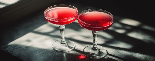 Wall Mural - Two elegant glasses of pink cocktail drinks beautifully showcased in creative lighting on a stylish bar countertop