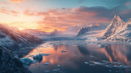 Poster - Sunset over Snowy Mountains and Glacial Water