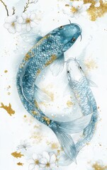 Wall Mural - Artistic illustration of two light blue koi fish swimming elegantly among golden flowers and splashes of color, evoking tranquility and beauty in a serene water setting.