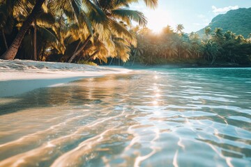 A serene tropical beach scene with clear water, palm trees, and a warm sunset glow reflecting on the surface.