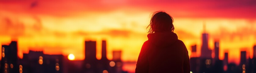 A silhouette of a person against a vibrant sunset skyline, showcasing urban beauty and tranquility during dusk.