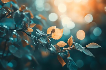 Sticker - Closeup of Green Leaves with Bokeh Background of Sunlight in Forest. Abstract Nature,  Bokeh Photography, Summer