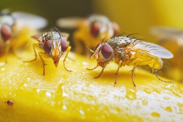 Fruit Flies Super Macro Shot on Top of Banana Closeup