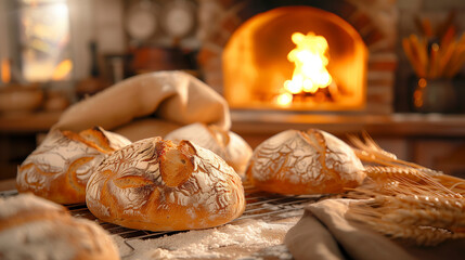 freshly baked loaves of artisanal bread on cooling rack. An oven, sack of flour and wheat stalks are seen in the background