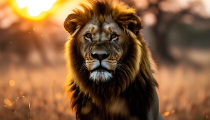 Majestic lion gazes directly at the camera in a sunlit field, showcasing the beauty of nature and wildlife.