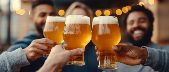 Cheers A lowangle shot of four friends clinking beer glasses blurred faces bokeh lights in background