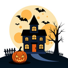 Wall Mural - Halloween background with pumpkin and bats house in transparent