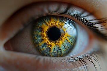 Sticker - Close up of a human eye with yellow blue iris and high definition detail on the pupil and eyelashes