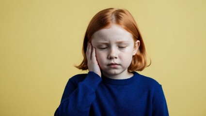 A young child with a pained expression holds their head