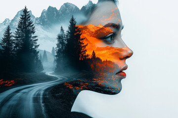 Double exposure of a woman's face against the background of mountains,