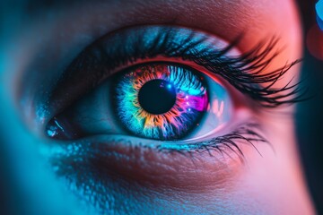 Poster - Electric blue eye with red highlights glowing in a neon environment blending vibrant colors with sharp details in a futuristic style