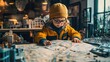 © Oulaphone - Child dressed as an urban planner, studying city maps on a table, in an office with architectural models.