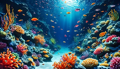 Vibrant underwater wonderland featuring a kaleidoscope of fish and coral, showcasing the breathtaking beauty of ocean life