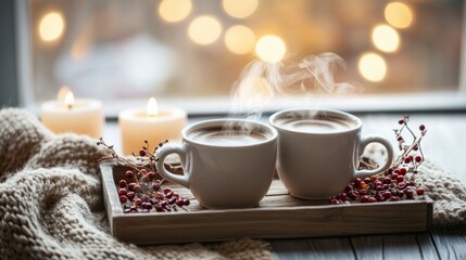 autumn scene centered around two steaming cups of coffee on a rustic wooden tray. 